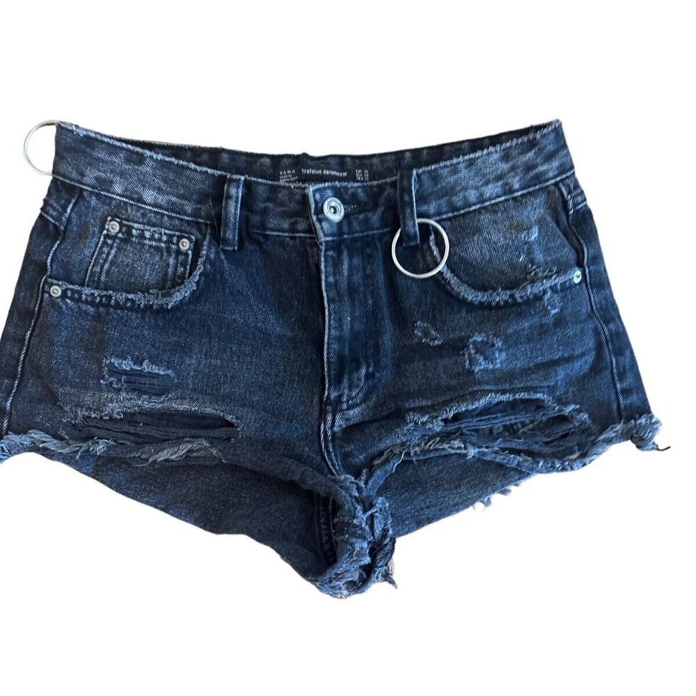 Zara‎ Jean Shorts Size 4 Womens Black Wash Denim Destroyed Metal Hoops